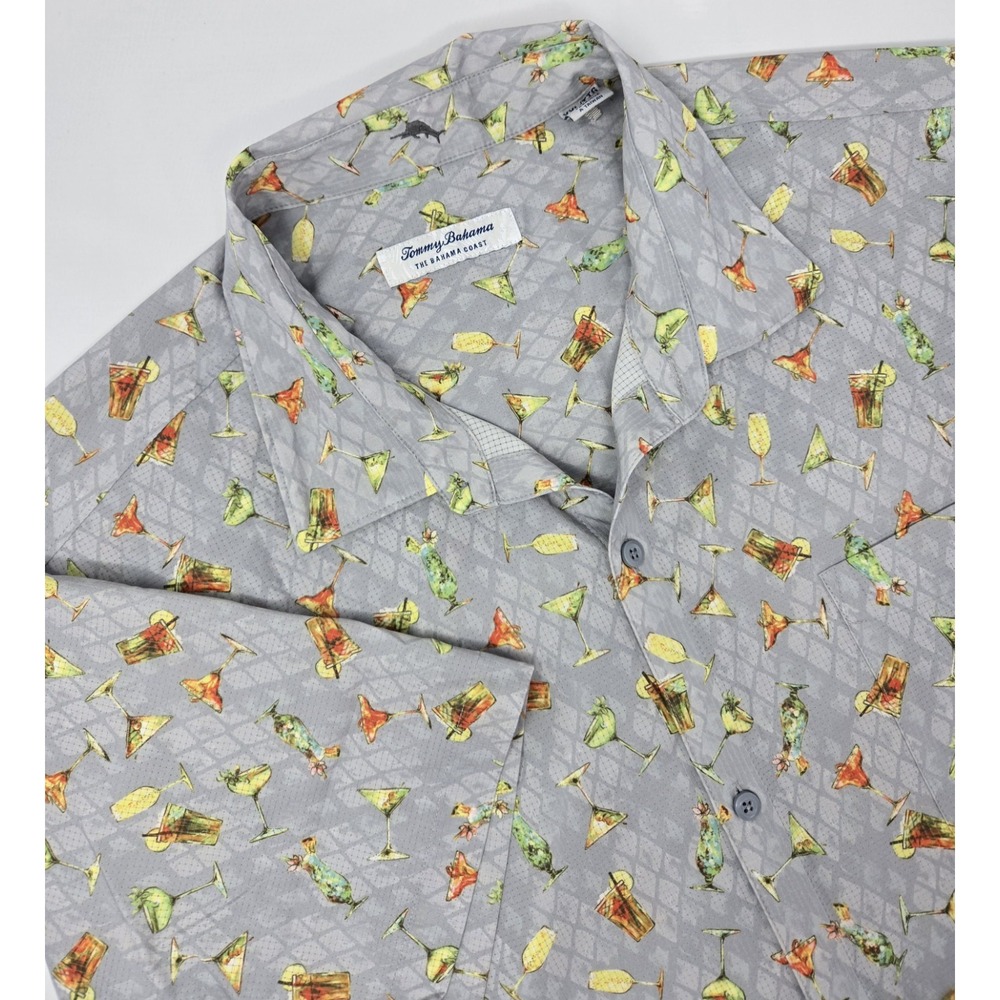 Tommy‎ Bahama Shirt Mens 2XL Gray Martini Print Polyester Stretch Button Up